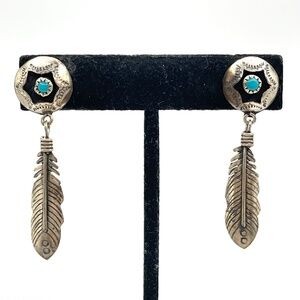 Southwestern Concho Style Drop Feather Sterling Post Pierced Earrings